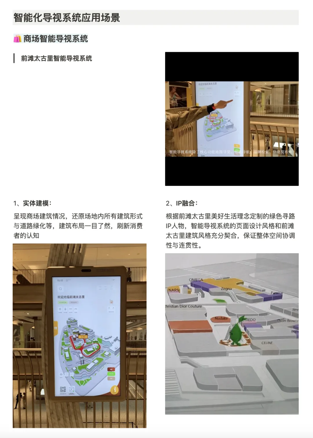 作业页「智能化导视系统应用场景 · 商场智能导视系统」:商场导视屏照片、三维地图与实体建模、IP 融合的说明