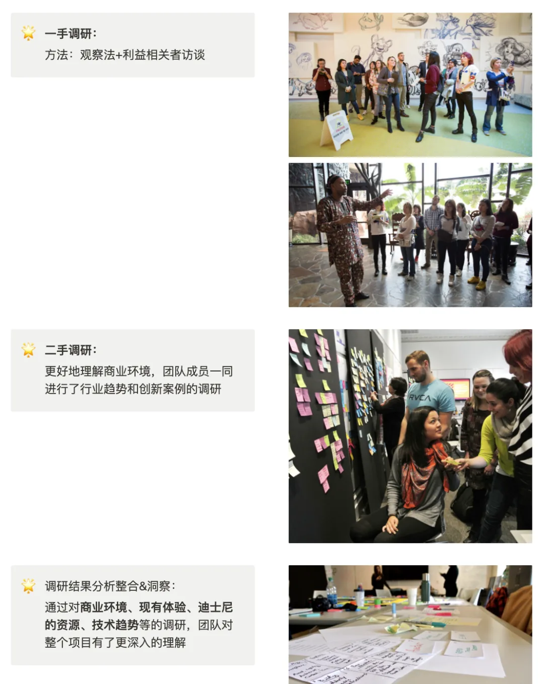 作业页:一手调研、二手调研、调研结果分析整合三个步骤,各配工作坊现场照片