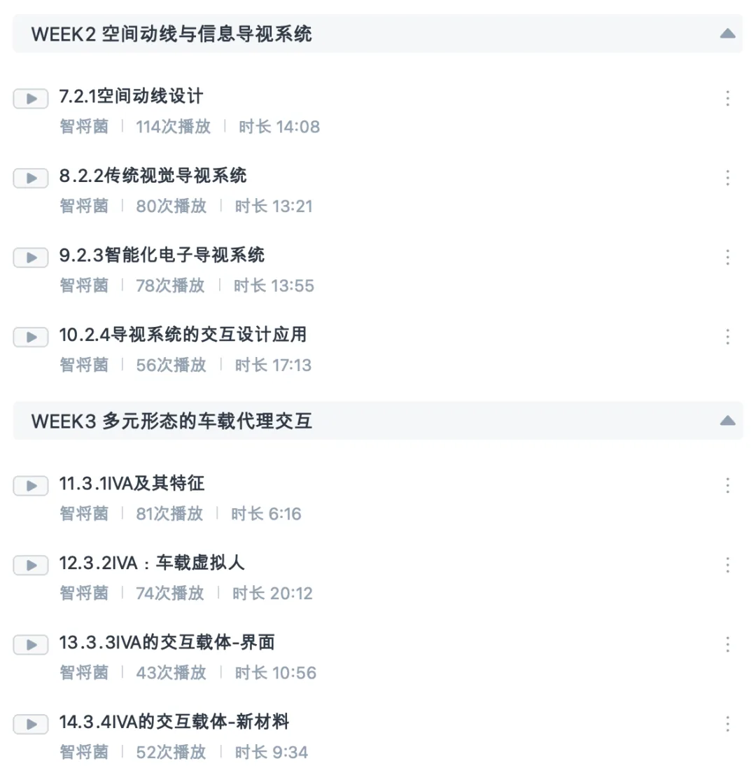 录播课程目录截图:WEEK2 空间动线与信息导视系统四节、WEEK3 多元形态的车载代理交互四节