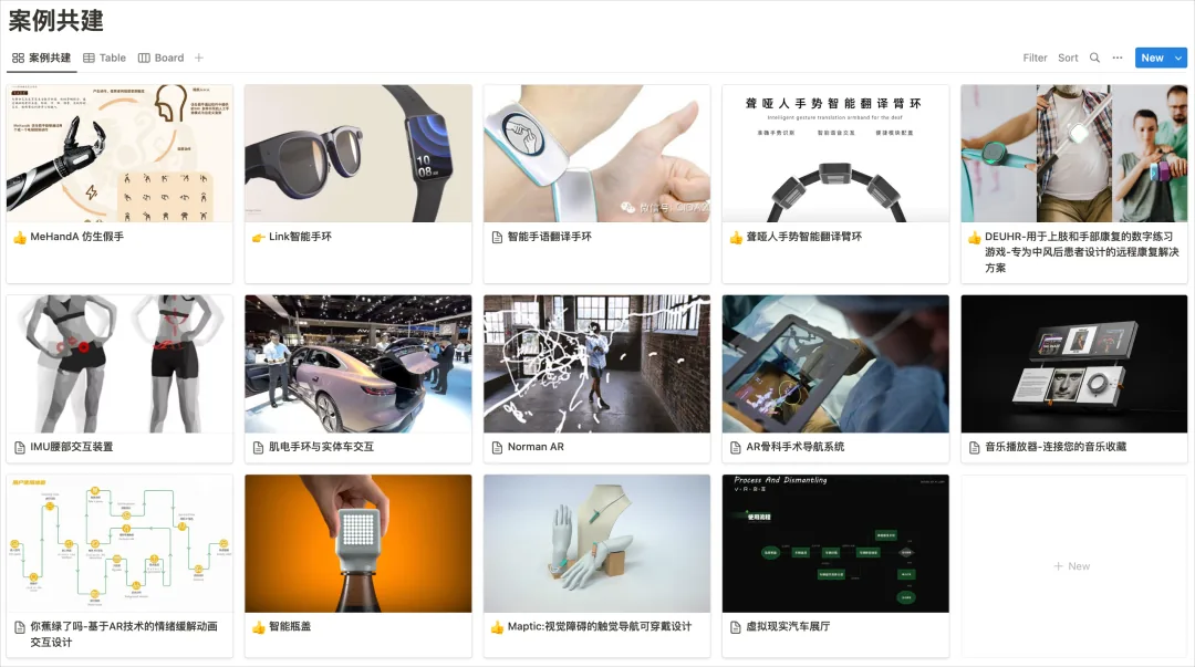 Notion 案例共建画廊视图，三行案例卡片缩略图，含可穿戴设备、假肢、交互装置等