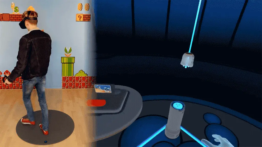 动图：戴 VR 头显的玩家站在客厅里，虚拟画面中是像素风游戏关卡