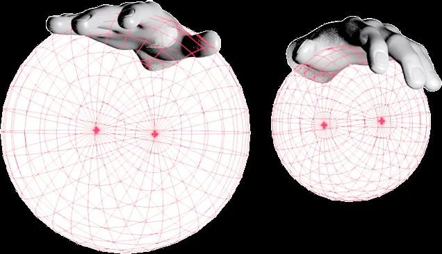 两只手悬在两个球形视场网格上方，示意 Leap Motion 的识别范围