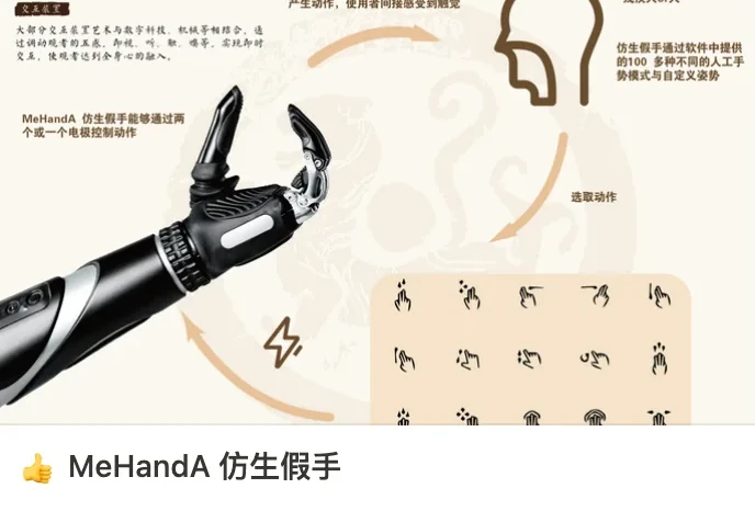 Notion 案例卡片封面：米色底上的仿生假手，配手势图标与说明文字，标题 MeHandA 仿生假手