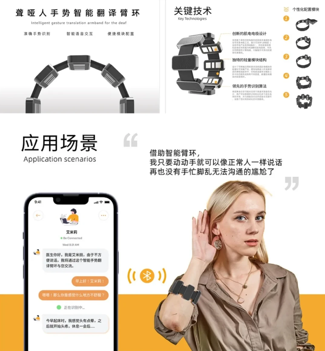 案例二配图：黑色模块化臂环的产品图、关键技术说明，以及佩戴臂环的用户与手机翻译界面
