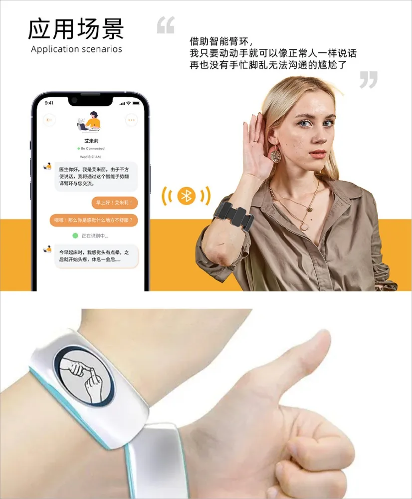 案例二的应用场景页：戴臂环的女性侧耳倾听，旁边的手机界面显示手语与医生的对话
