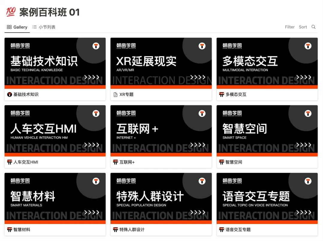 Notion 专题库截图：九张黑底专题卡，依次为基础技术知识、XR 延展现实、多模态交互、人车交互 HMI、互联网+、智慧空间、智慧材料、特殊人群设计、语音交互专题