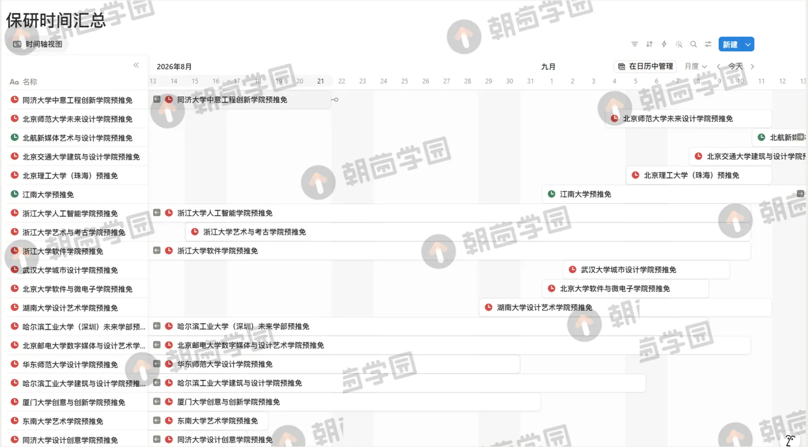 Notion 时间轴视图，列出 2026 年 8 月至 9 月各院校预推免的起止时间
