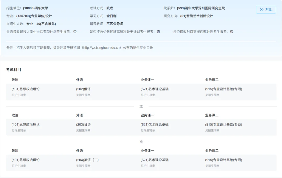 研招网专业目录页面截图：清华大学深圳国际研究生院，135700 设计，研究方向 01 智能艺术创新设计，拟招 30 人，下方为三组考试科目组合